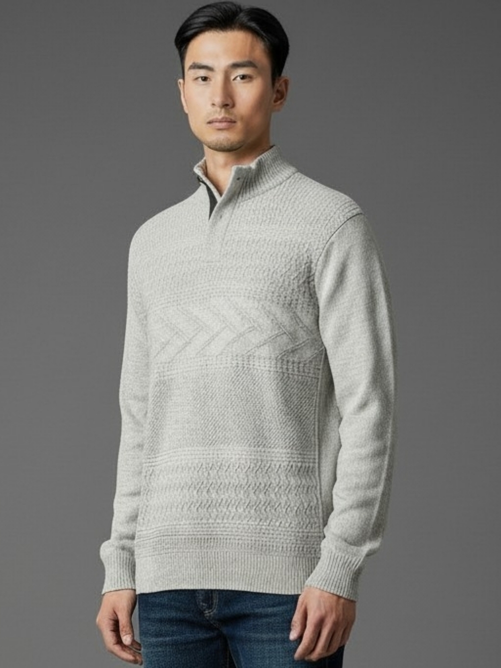 Chaps Heather Gray Vintage Mock Neck Button Collar Sweater